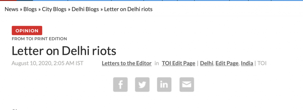 Headline of Delhi Police response to TOI article about Delhi Riots, as published by TOI