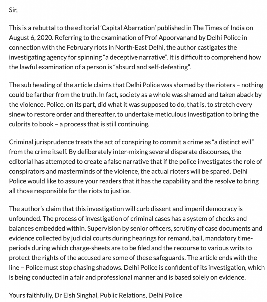 Delhi Police response to TOI article about Delhi Riots