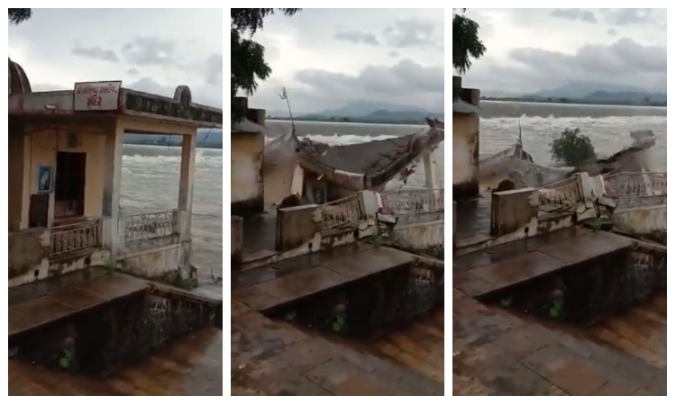 Watch: Temple near Garudeshwar in Gujarat collapses as water levels in Narmada increase due to incessant rains