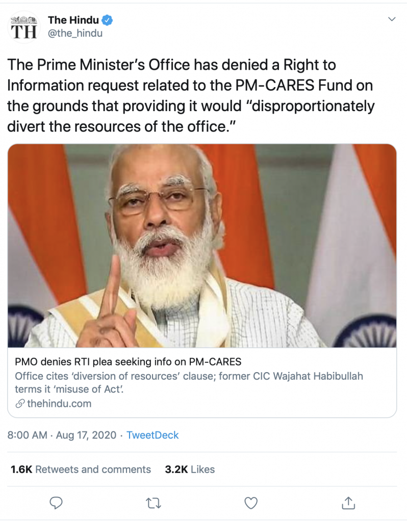 Tweet by The Hindu on PM CARES Fund RTI