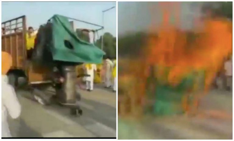 Youth Congress workers bring tractor in truck, set it on fire, shout slogans for Bhagat Singh. Watch video