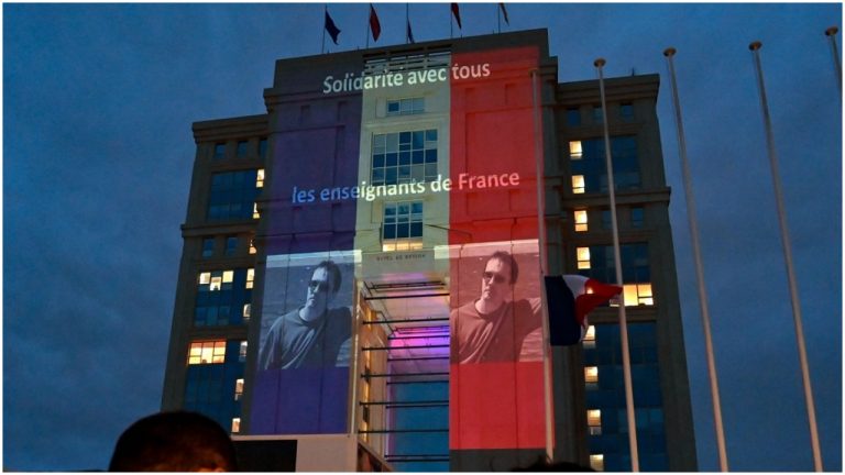 France: Charlie Hebdo cartoons projected on government building to express solidarity with deceased teacher who was beheaded by Islamic terrorist