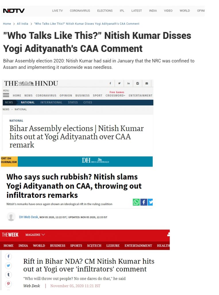 Media invents rift in NDA by combining unrelated comments of Nitish Kumar and Yogi Adityanath on CAA and NRC