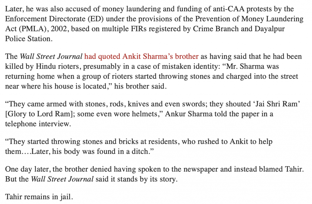 Article by The Wire, glorifying Tahir Hussain 