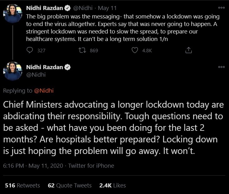 Nidhi Razdan admonishes Chief Ministers arguing for longer lockdowns