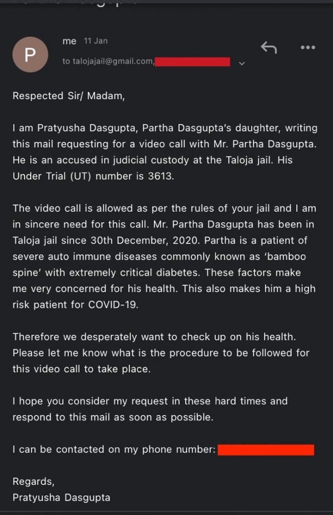 Email by the daughter of Partho Dasgupta to Taloja Jail 