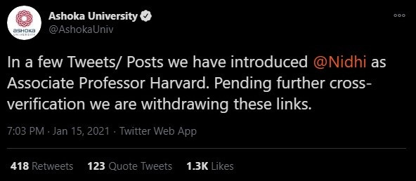 Ashoka University is withdrawing tweets related to Nidhi Razdan