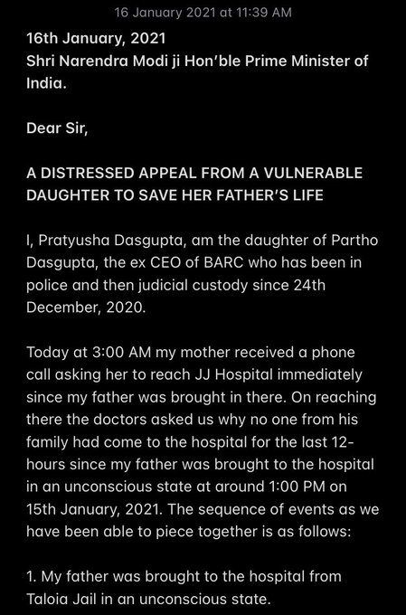 Pratyusha Dasgupta appeals to PM Modi to save her father Partho Dasgupta, former BARC CEO