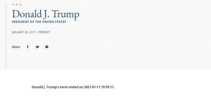 A screenshot of the State Department website saying the presidency of Donald Trump had ended