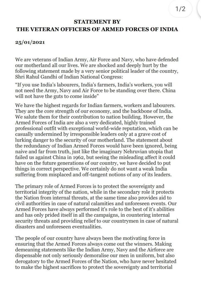 Veterans of Indian Armed Forces slam Rahul Gandhi