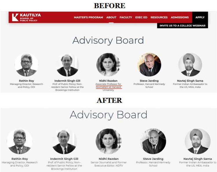 Kautilya School of Public Policy has edited their website regarding information about Nidhi Razdan