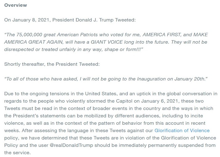 The justification offered by Twitter for its decision to suspend Donald Trump