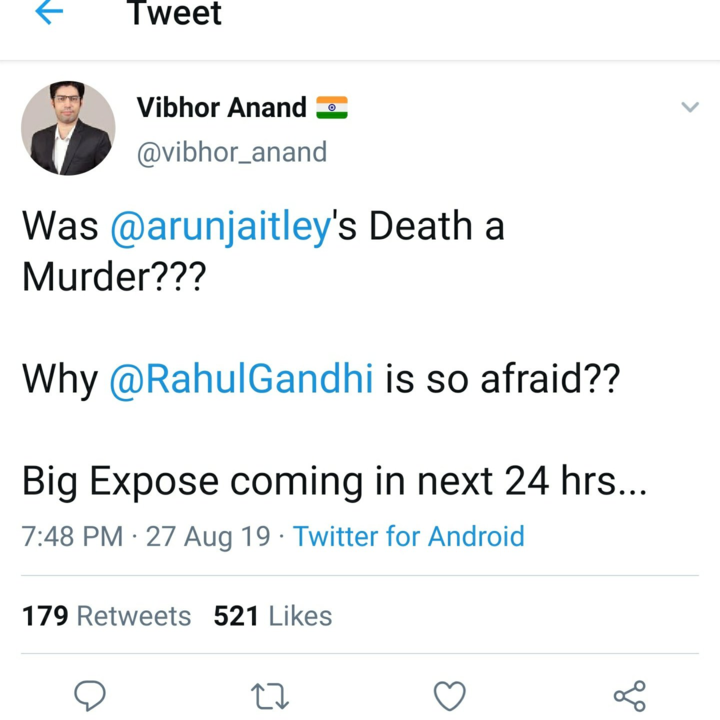 Vibhor Anand spreads conspiracy theories about Arun Jaitley's death