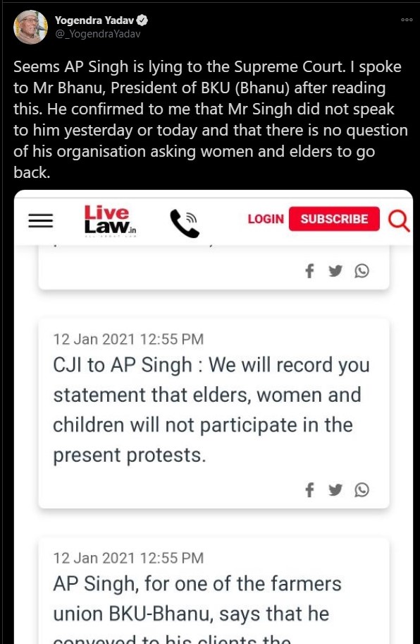 Yogendra Yadav claims lawyer for farmer union lied to the Supreme Court