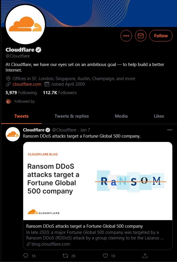 Cloudfare Twitter account has no such tweet