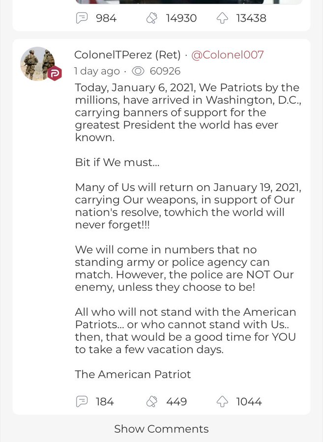 'Colonel Perez' claims 'patriots' will return to Washington DC a day before Joe Biden becomes US President