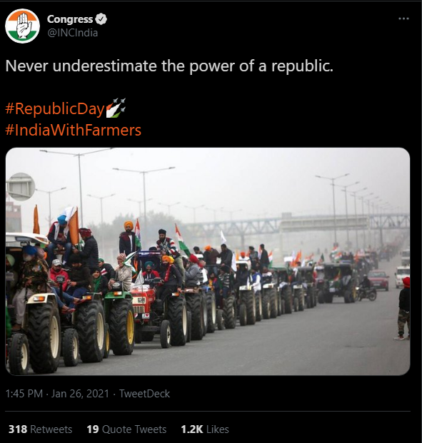 The Congress party is celebrating the violence that has been unleashed at the national capital on Republic Day.