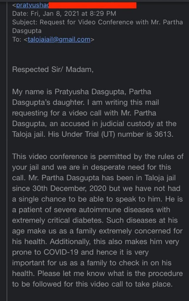 Email by the daughter of Partho Dasgupta to Taloja Jail 