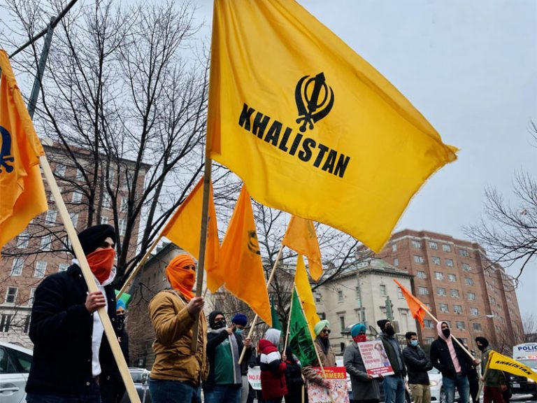 Khalistani supporters protests outside the Indian embassy in Washington DC, raise secessionist flags