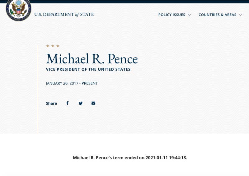 A screenshot of the State Department website saying the presidency of Donald Trump and the tenure of Mike Pence as VP had ended