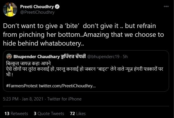 Preeti Choudhry claims a section of farmers are pinching the buttocks of female reporters