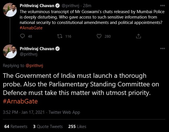 Prithviraj Chavan admits Mumbai Police leaked private WhatsApp chats of Arnab Goswami