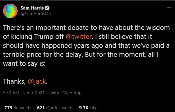 Sam Harris suspension of Donald Trump account