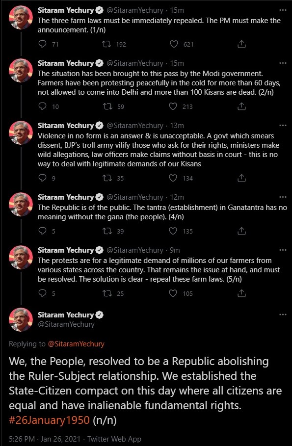 Sitaram Yechury is attempting to use the Republic Day violence by anti-farm laws protesters to further the political agenda of his party.