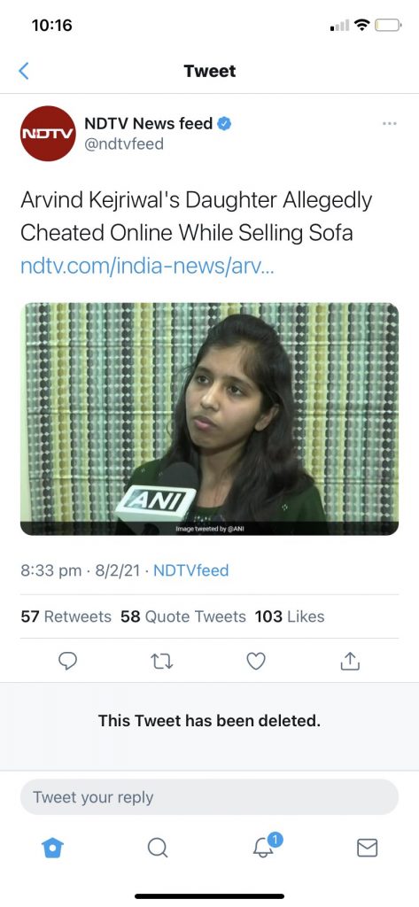 NDTV deletes story about daughter of Arvind Kejriwal being duped