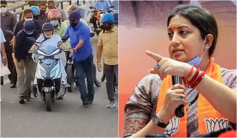 A day after Mamata Banerjee’s scooter ride becomes a meme, Smriti Irani rides one with ease in BJP’s roadshow