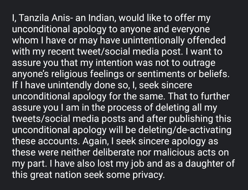 Tanzila Anis apology