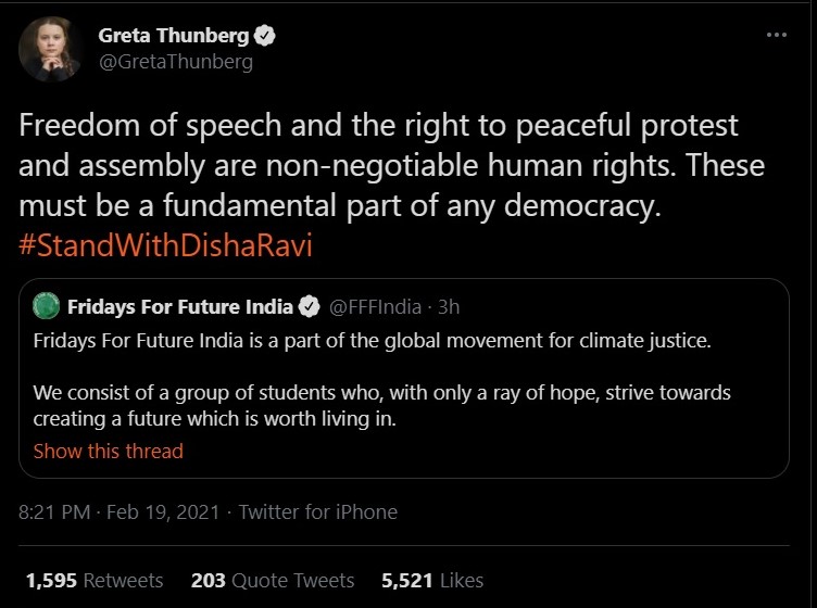 Greta Thunberg tweets in support of Disha Ravi