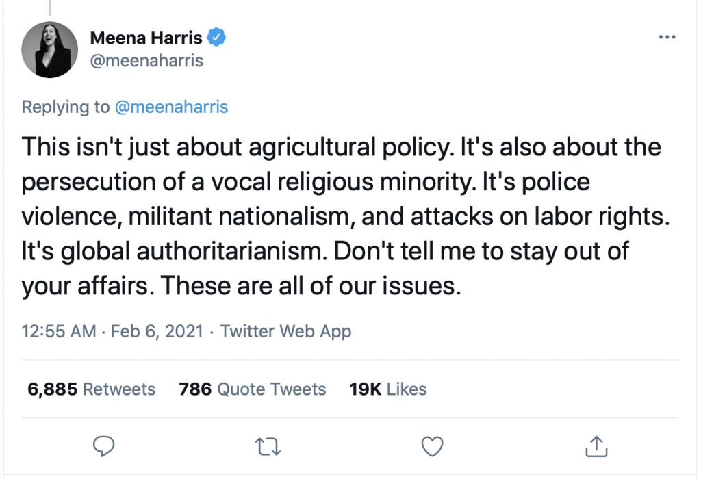 Tweets by Meena Harris on India, farm laws and the violent insurrection on Republic Day 