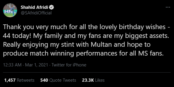 Shahid Afridi birthday tweet