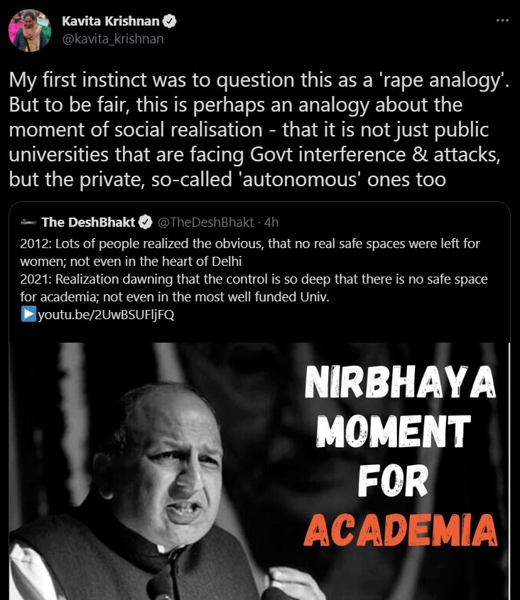 Kavita Krishnan defends Akash Banerjee Nirbhaya rape analogy
