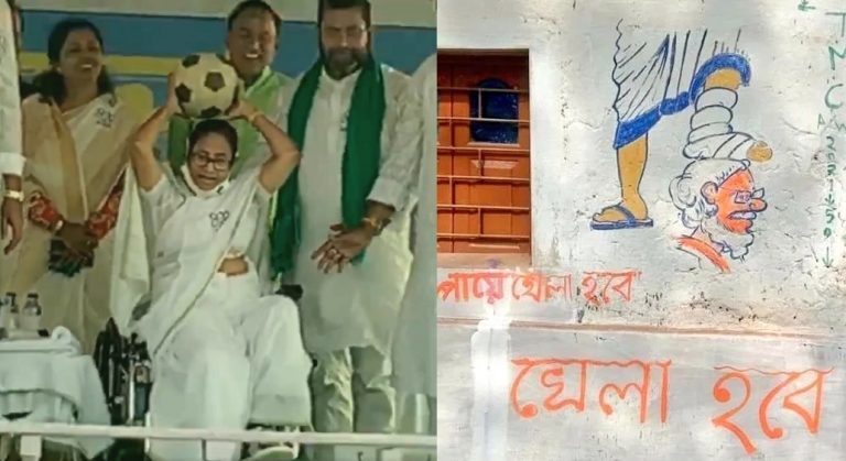 Mamata Banerjee passes a football to crowd in Howrah rally after TMC depicted her kicking PM Modi’s head instead of a ball