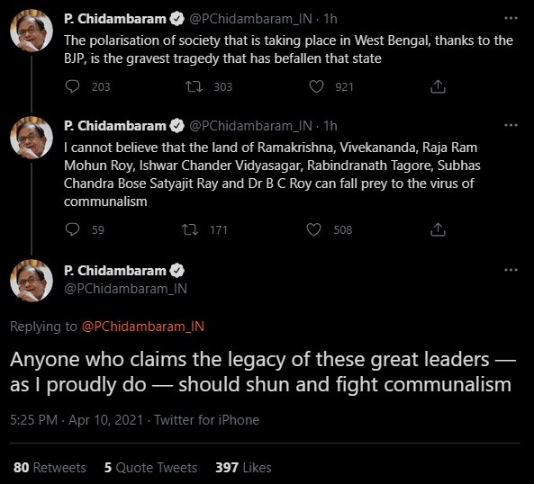 Chidambaram blames BJP for 'communalising' West Bengal