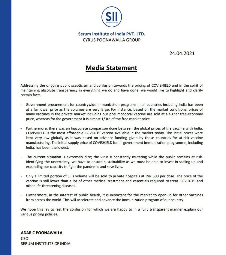 SII CEO Adar Poonawalla issued statement over Covishield pricing