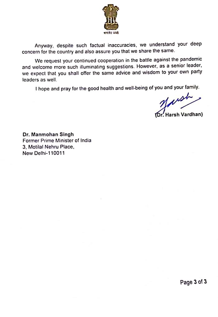 Dr Harsh Vardhan letter to Manmohan Singh