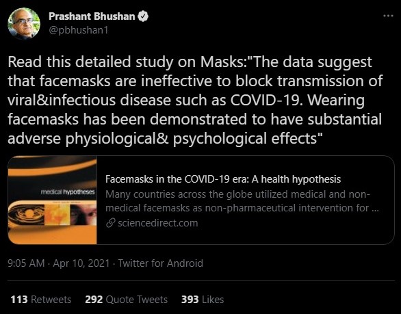 Prashant Bhushan spreads anti-mask conspiracy theories