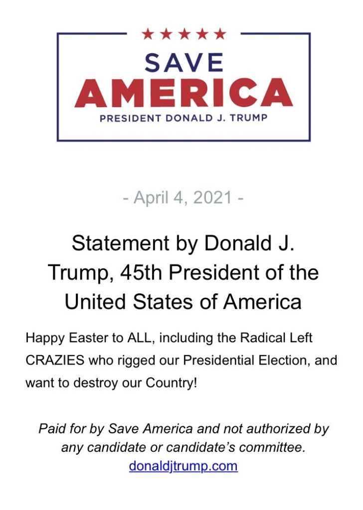 Donald Trump wishes 'Radical Left crazies' a Happy Easter