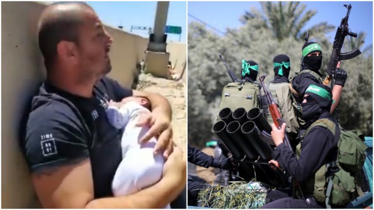 Watch: Israeli father protects his newborn as Palestinian terrorists fire rockets at them