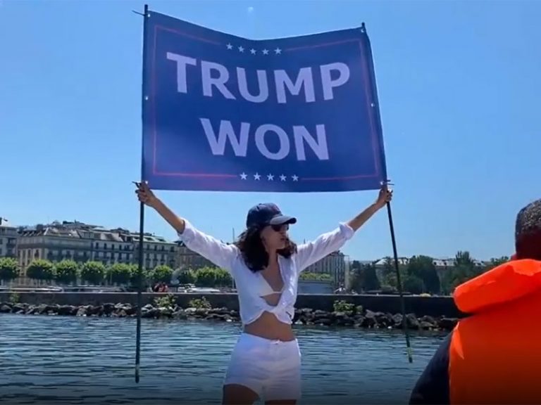 Osama Bin Laden’s niece Noor Bin Ladin flies ‘Trump won’ banner in Geneva to protest Biden-Putin summit, calls Biden a ‘senile pedo’