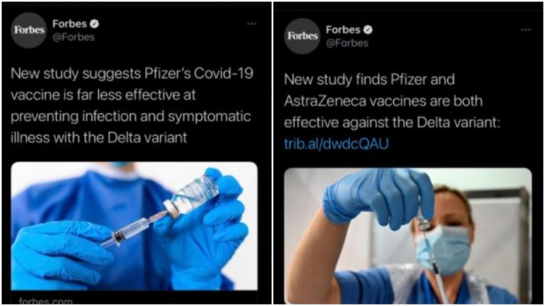 Forbes attributes conflicting captions to its Tweets on Pfizer vaccines efficacy against Delta variant of Covid-19, gets called out by Netizens