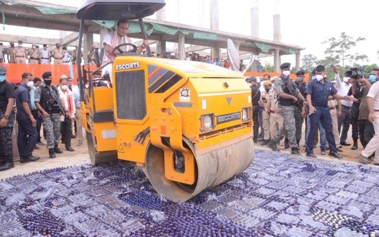 After burning narcotic substances, Himanta Biswa Sarma drives road roller on bottles, seized drugs worth ₹163.58 crore destroyed in 2 days