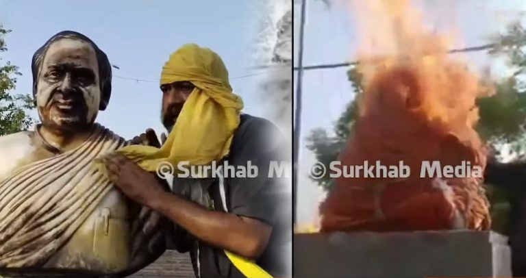 Ludhiana: Nihang Sikhs set a Rajiv Gandhi statue on fire protesting against announcement of more statues, Congress leader cleans it with his turban