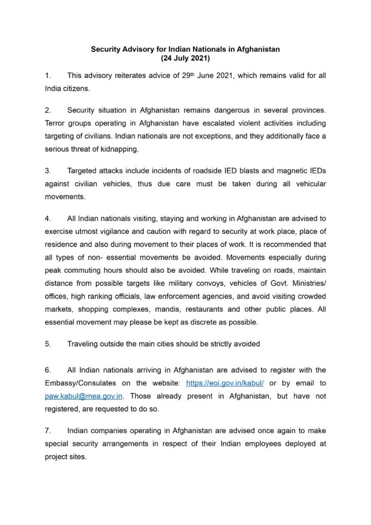 Advisory for Indian nationals by Indian Embassy, Afghanistan
