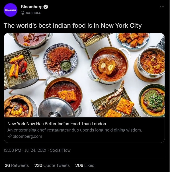 Bloomberg claims New York City has world's best Indian food
