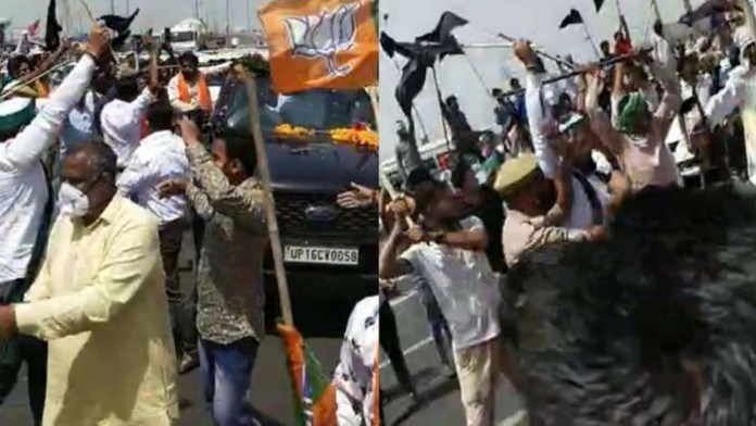 BKU protestors clashed with BJP workers when they attacked a BJP convoy on the Meerut expressway on Wednesday