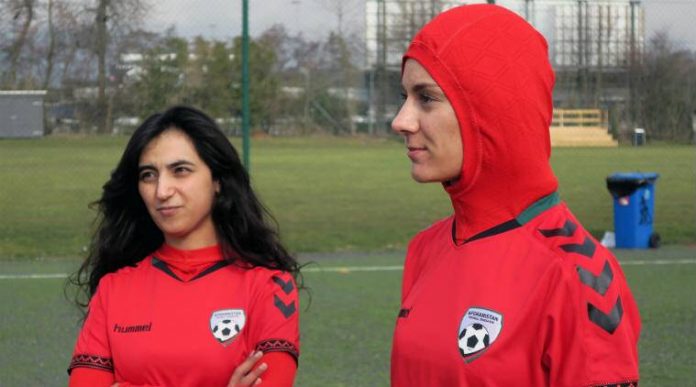 Afghanistan female football players in their new jerseys with hijab, Khalida Popal